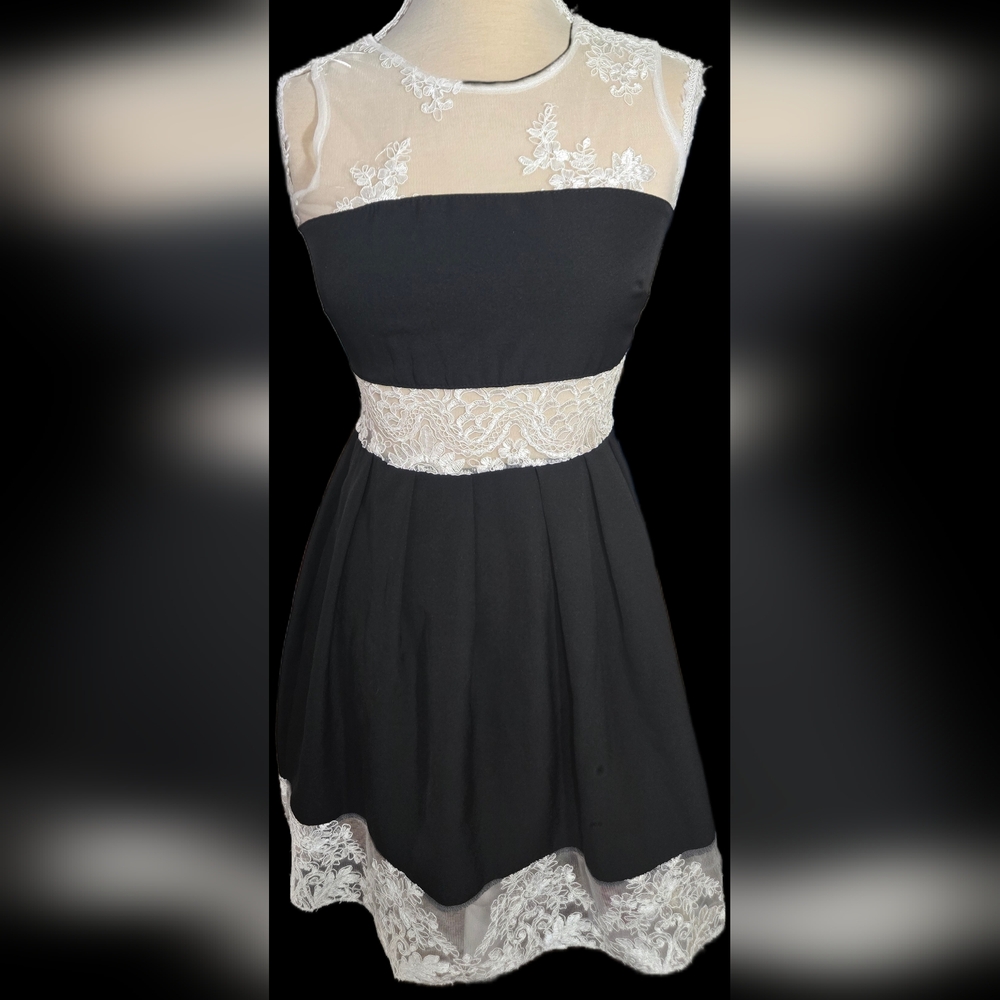 NWT Small Elegant Black Dress with White Lace Detail